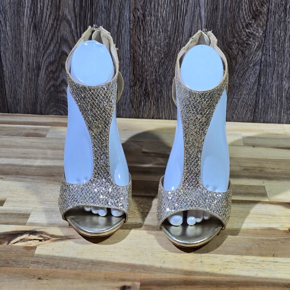 David's Bridal Shoes - David's Bridal Heels Gold Silver Glitter Peep Toe Zip Back Formal Wedding Size 9